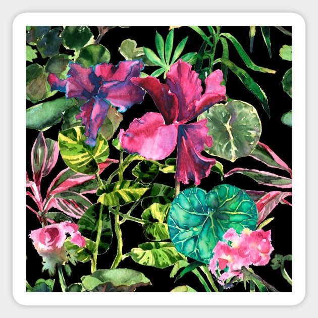 Seamless tropical flower, plant and leaf pattern background Sticker by Olga Berlet